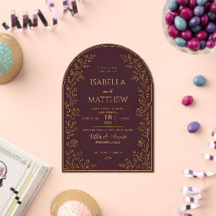 Elegant Arched Burgundy and Gold Foil Acrylic Invitations