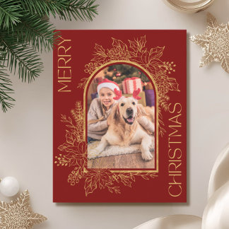 Elegant Arched Red Gold Photo Holiday Card