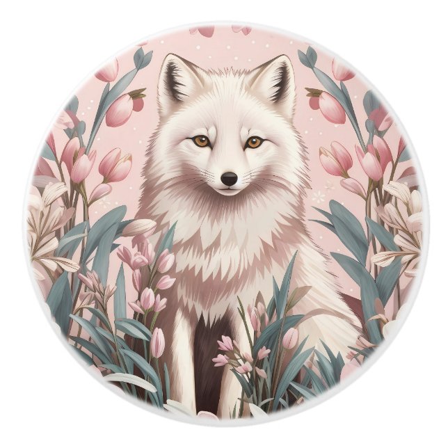 Elegant Arctic Fox Pink Floral Ceramic Knob (Front)