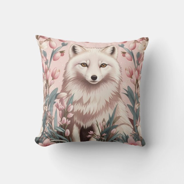Elegant Arctic Fox Pink Floral Cushion (Front)