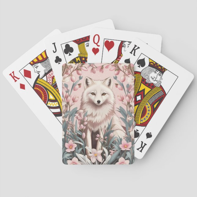 Elegant Arctic Fox Pink Floral Playing Cards (Back)