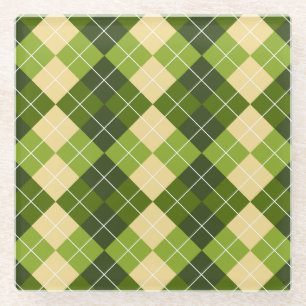 Elegant Argyle Pattern in Green and Yellow Diamond Glass Coaster
