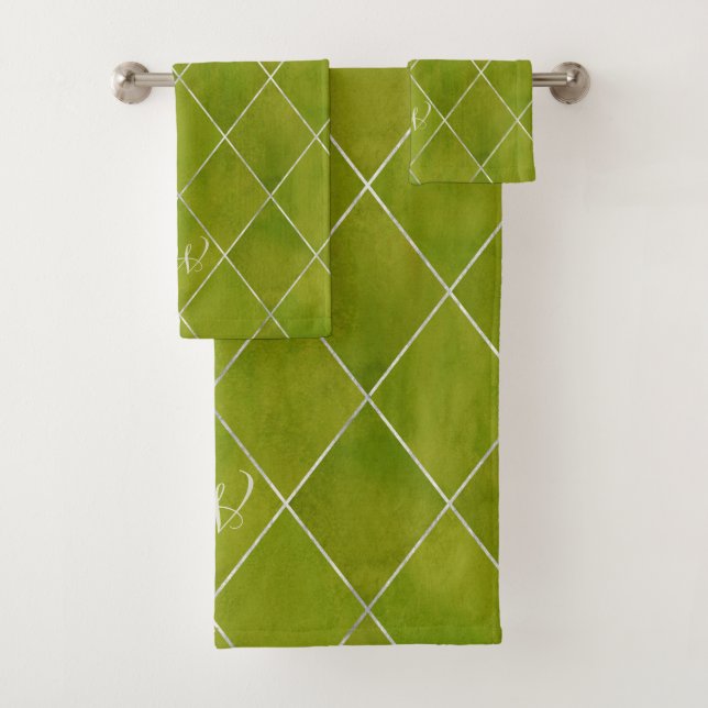 Elegant Argyle Wasabi Green Silver Grid Monogram Bath Towel Set (Insitu)