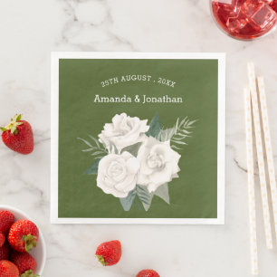 Elegant Army Green and White Roses Wedding Napkin