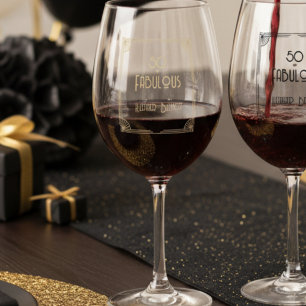 Elegant Art Deco 50 and Fabulous Birthday  Stemless Wine Glass