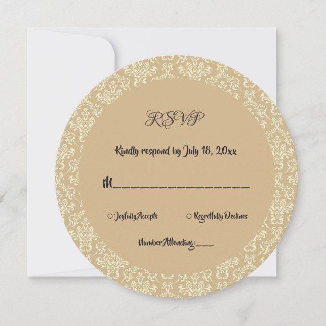 Elegant Art Deco Beige Damask Round Wedding RSVP Invitation (Front)