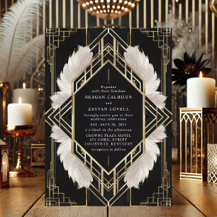 Elegant Art Deco Black and Gold Feather Wedding Invitation