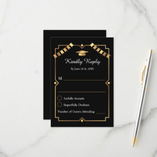 Elegant Art Deco Black and Gold Graduation RSVP Card