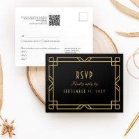Elegant Art Deco Black Gold Frame Simple RSVP