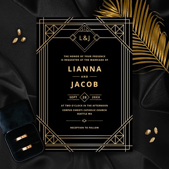 Elegant Art Deco Black Gold Wedding Invitation (Creator Uploaded)