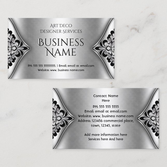 Elegant Art Deco Black Silver Floral Metal look Business Card (Front/Back)