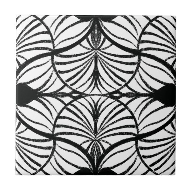 Elegant Art Deco Black & White Gouache Scallops Tile (Front)