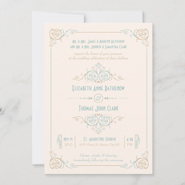 Elegant Art Deco Blue & Cream Wedding Invitations (Front)