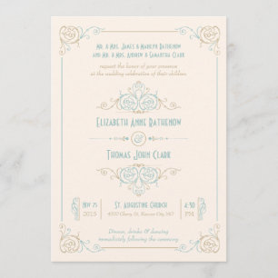 Elegant Art Deco Blue & Cream Wedding Invitations