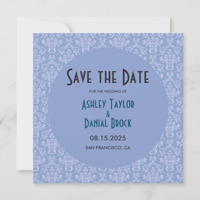 Elegant Art Deco Blue Damask Formal Round Wedding Save The Date (Front)