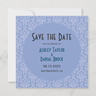 Elegant Art Deco Blue Damask Formal Round Wedding Save The Date