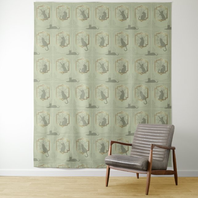Elegant Art Deco Cats - Green Tapestry (In Situ)
