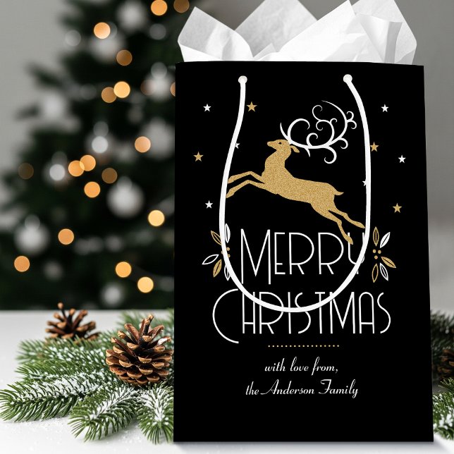 Elegant Art Deco Christmas Reindeer Black Gold Medium Gift Bag (Creator Uploaded)