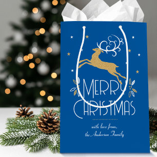 Elegant Art Deco Christmas Reindeer Blue Gold Medium Gift Bag