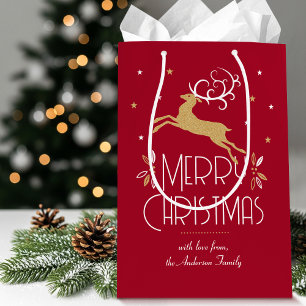 Elegant Art Deco Christmas Reindeer Deep Red Gold Medium Gift Bag
