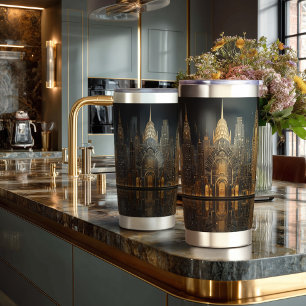 Elegant Art Deco City Skyline in Gold on Black Insulated Tumbler