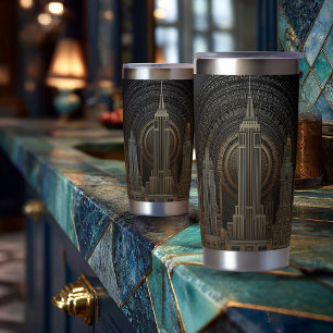 Elegant Art Deco City Skyline in Gold on Black Insulated Tumbler