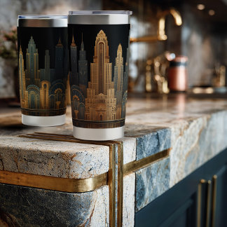 Elegant Art Deco City Skyline in Gold on Black Insulated Tumbler