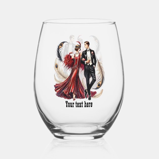 Elegant Art Deco couple customisable Stemless Wine Glass (Front)