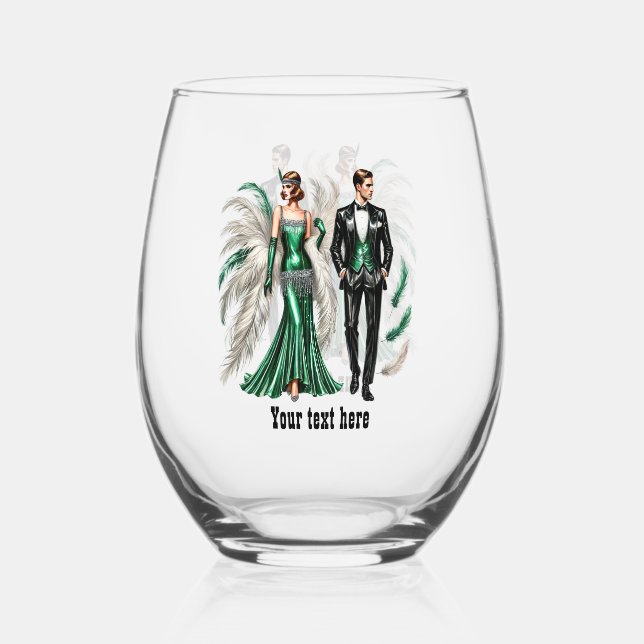 Elegant Art Deco couple customisable  Stemless Wine Glass (Front)