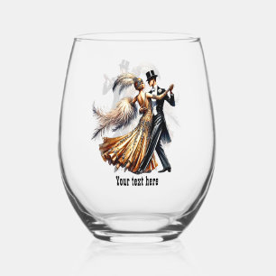 Elegant Art Deco couple customizable  Stemless Wine Glass