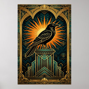 Elegant Art Deco Crow Silhouette Gold & Black Poster