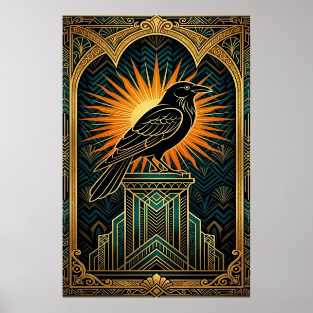 Elegant Art Deco Crow Silhouette Gold & Black Poster (Front)