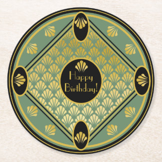 Elegant Art Deco Fan Pattern Custom Text Birthday Round Paper Coaster