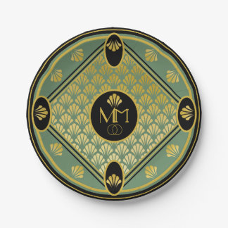Elegant Art Deco Fan Pattern Monogram Wedding Paper Plate