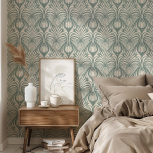 Elegant Art Deco Floral Feather Pattern Soft Teal Wallpaper