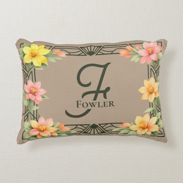 Elegant Art Deco Floral Monogram Family Name Decorative Cushion (Front)