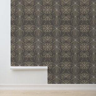 Elegant Art Deco Floral Pattern in Beige & Grey Wallpaper