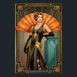 Elegant Art Deco Gatsby Woman Portrait Gold Poster<br><div class="desc">Embrace the peak of Jazz Age elegance with this sophisticated Art Deco portrait of a woman in a beaded gown. With a rich teal and gold colour palette, she is positioned against a massive orange sunburst fan. Opulent geometric borders frame this piece, making it an ideal choice for a luxury...</div>