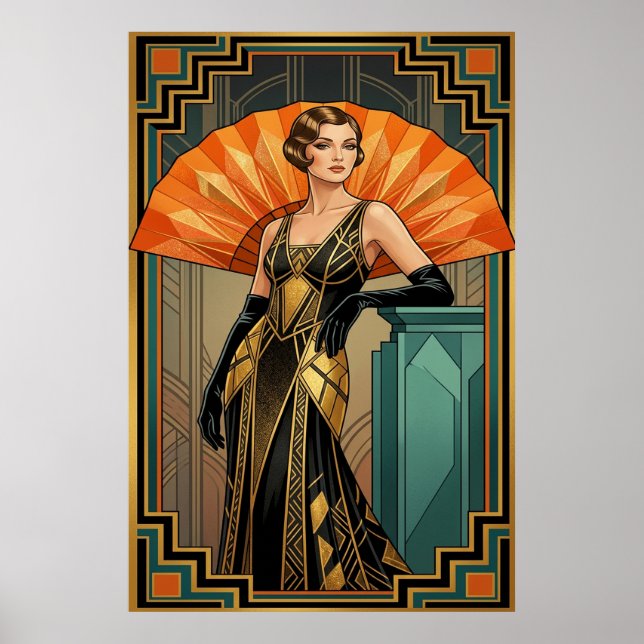 Elegant Art Deco Gatsby Woman Portrait Gold Poster (Front)
