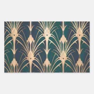 Elegant Art Deco Gold and Emerald Green Pattern Rectangular Sticker
