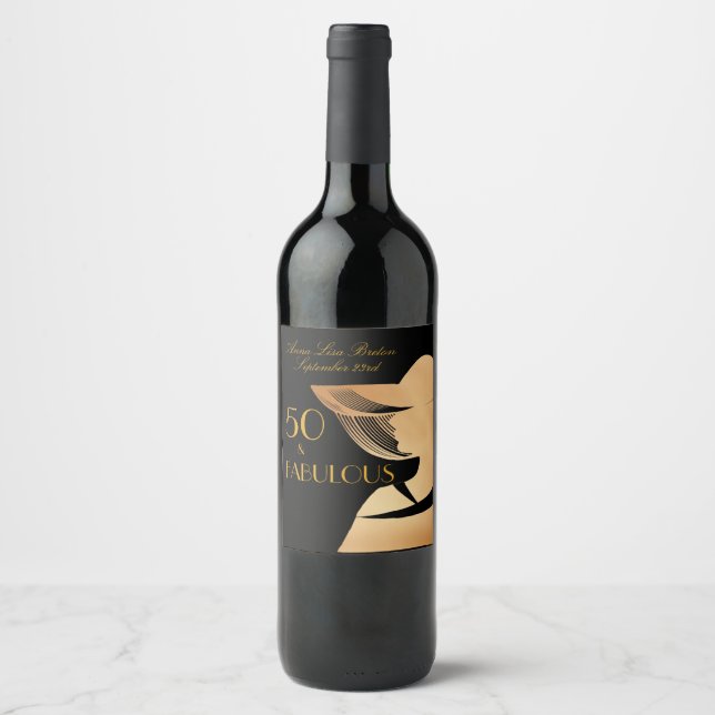 Elegant art deco gold Fifty & Fabulous design Wine Label (Front)