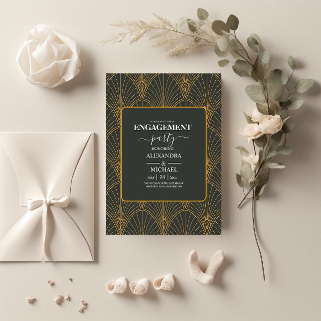 Elegant Art Deco Gold Green Engagement Invitation (Creator Uploaded)