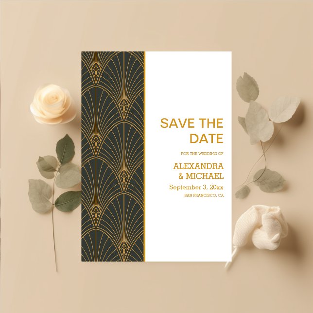 Elegant Art Deco Gold Green Wedding Save The Date (Creator Uploaded)