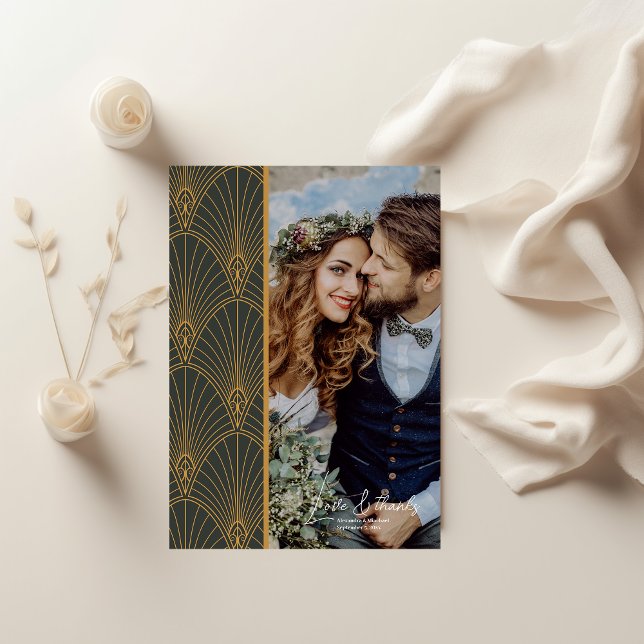 Elegant Art Deco Gold Green Wedding Thank You Card (Creator Uploaded)