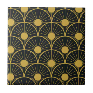 Elegant Art Deco Golden Abstract Sun on Black Tile