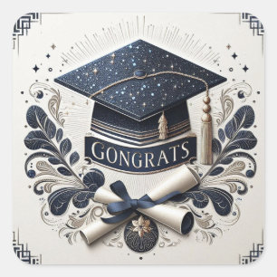 Elegant Art Deco Graduation Cap and Diploma Square Sticker