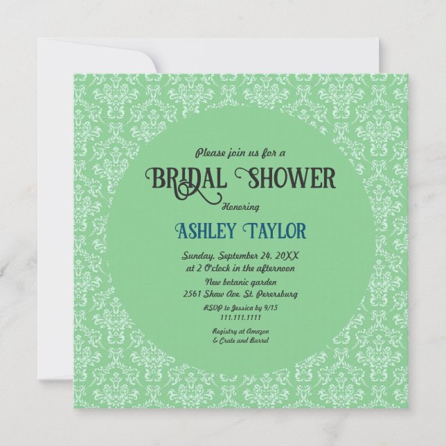 Elegant Art Deco Green Damask Formal Bridal Shower Invitation (Front)