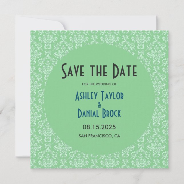 Elegant Art Deco Green Damask Formal Round Wedding Save The Date (Front)