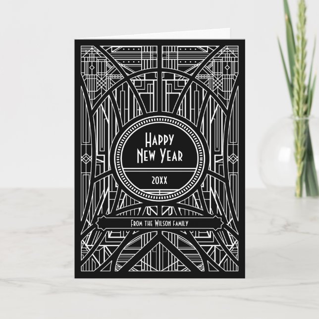 Elegant art deco Happy New Year black Holiday Card (Front)