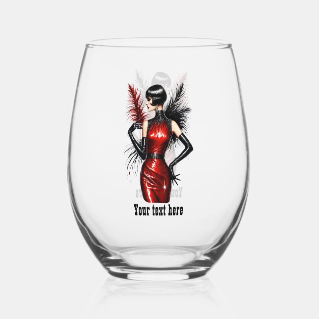 Elegant Art Deco lady customisable  Stemless Wine Glass (Front)